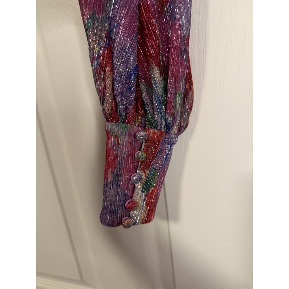 PatBO Lurex Keyhole Metallic Sheer Crop Top Bohemian Floral Balloon Sleeve Artsy - Picture 6 of 8
